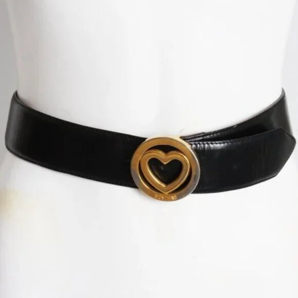 Moschino Heart Buckle Black Leather Wide Vintage Belt Redwall Italy